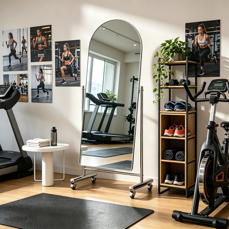 Standing Mirror Arched Full Length With Wheels,For Dance Studio/Home Gym，Tempered Glass & Metal Frame, Silver