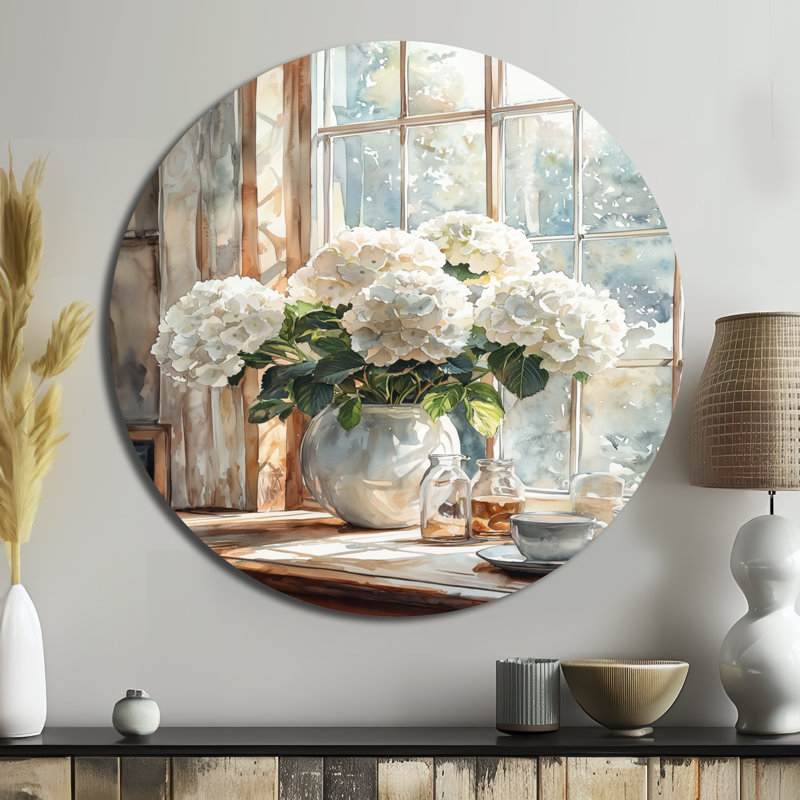 Hortensias dans le coin-repas II - hydrangées, art mural rond en métal, H 16 po x l 16 po