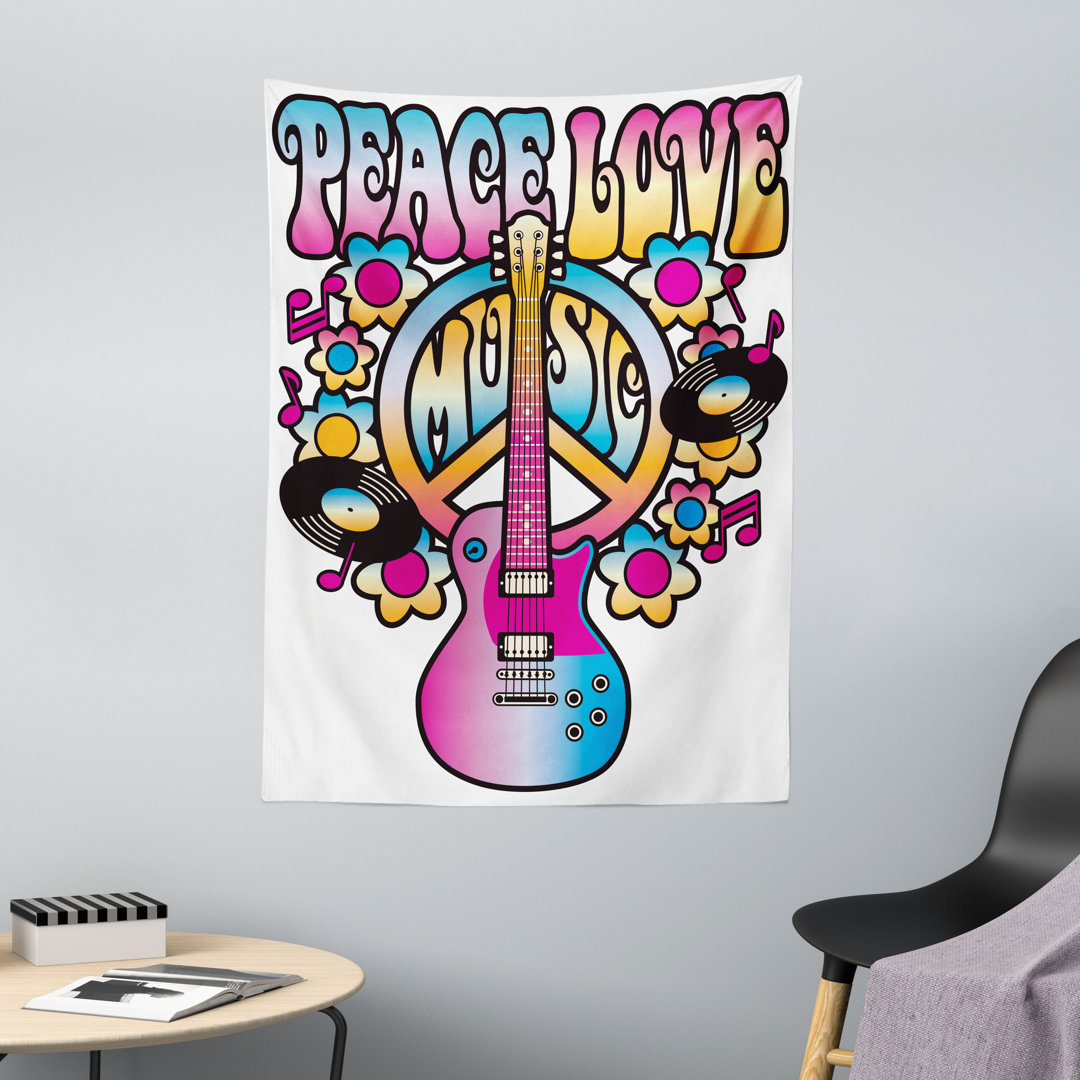 Wandteppich, Peace Love Vinyl Musik, Bunt, Blau Gelb Rosa