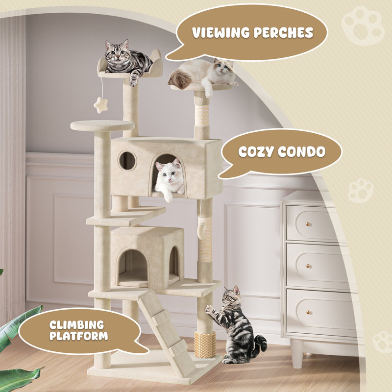 70" Cat Tree Tower With Scratching Posts, Multiple Cat Caves, Top Perch, And Play Features For Indoor Cats, Beige