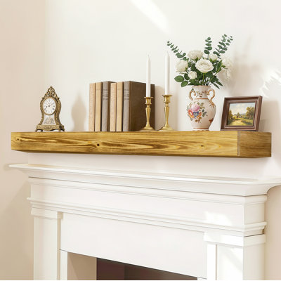 60" Fireplace Mantel, Rustic Fireplace Mantle Shelf With Invisible Brackets, Handcrafted Wood Floating Fireplace Mantel, Wall Mounted Fireplace Mantel Shelf For Living Room Decor, Wood Color