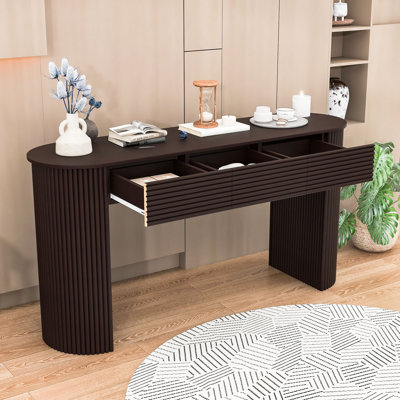 Wooden Console Table with Three Drawers, Round Slat Design and Anti-Tip Safety