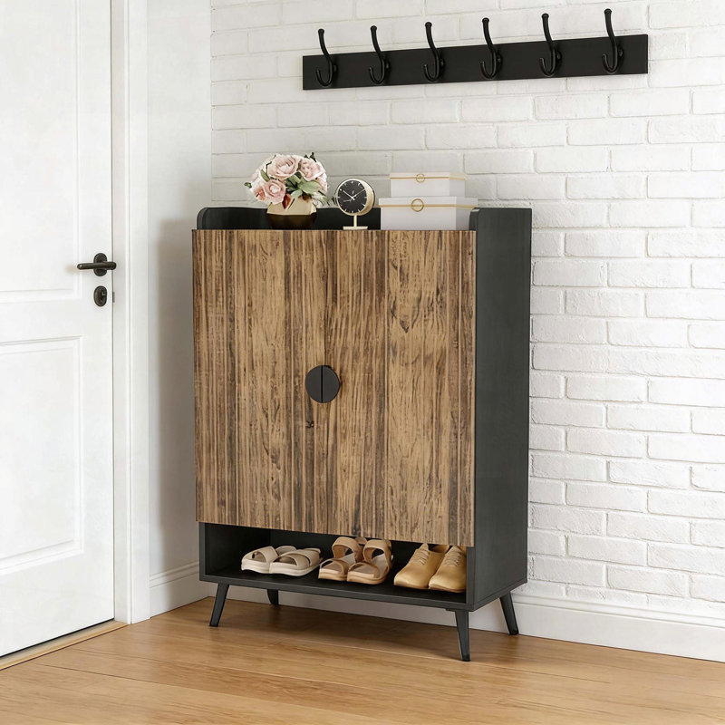 7‑Tier Shoe Cabinet with Adjustable Panels and Golden Accents, Black