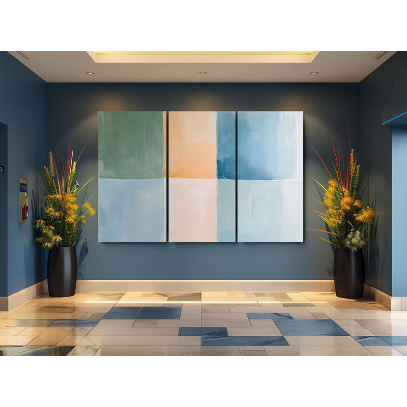 Art mural triptyque sur toile - ensemble de toiles abstraites triptyque - art mural géométrique minimaliste dans des tons de vert bleu doux, décor moderne pour le salon, le bureau ou la chambre à coucher