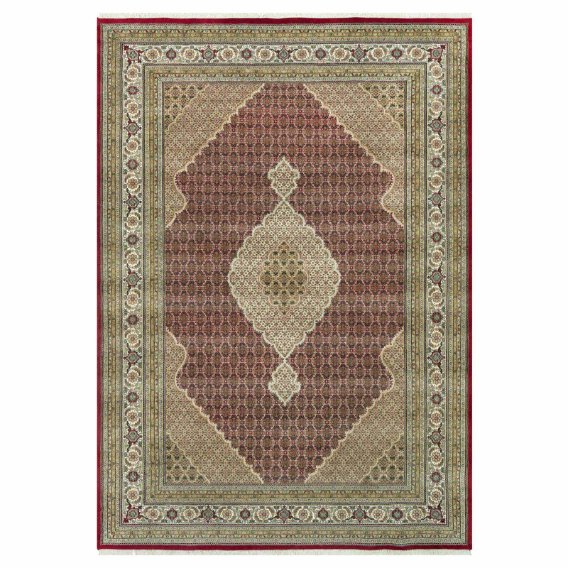 10'x14'3" Crabby Apple Red Shiny Wool Tabriz with Hand Knotted All Over Mahi Design Rug