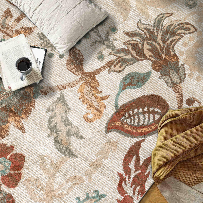 Beige Multi Botanical Scroll Area Rug, Rectangle 5' x 7'