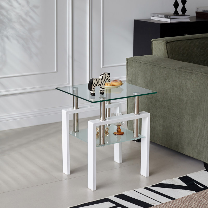 Ignasio Glass Top End Table, 20.5" H x 17.7" W x 17.7" D, White, Clear Duplicate