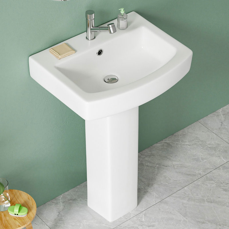22"W x 17"D Bathroom Pedestal Sink Combo Vitreous China White, with 1 Faucet Hole & 1 Overflow Hole, Glossy White