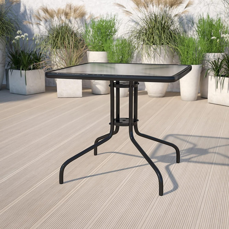 Table d'appoint carrée avec plateau en verre trempé et structure en métal - utilisation intérieure et extérieure