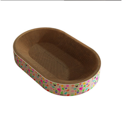 One-piece molded circular corrugated cardboard cat scratcher and spacious cat bed—perfect for both claw sharpening and resting.