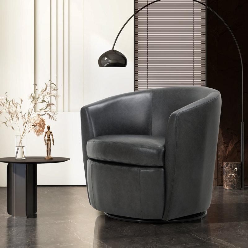 Leather Upholstered Swivel Barrel Chair—No Assembly Required, Charcoal Faux Leather