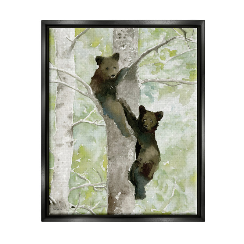 Bear Cubs Climbing Tree Nature - impression, Cadre flottant noir de jais, H 21 po x l 17 po x P 1,7 po
