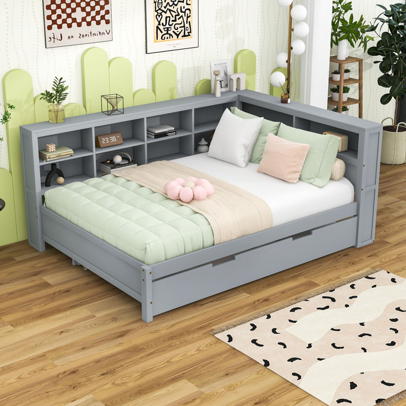 Lit de jour en bois avec lit gigogne simple, tablette de rangement et ports de chargement USB, Complet/Double, Gris