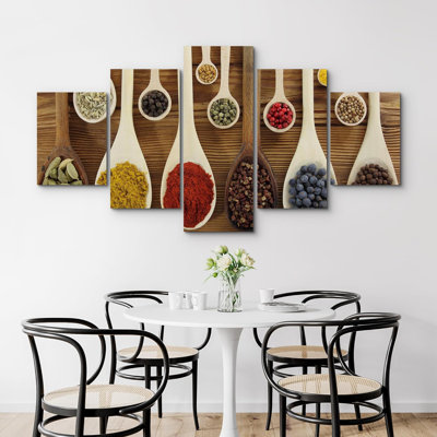 Variété assaisonnement épice sur table, cuisine moderne, très grande impression sur toile, 5 pièces
