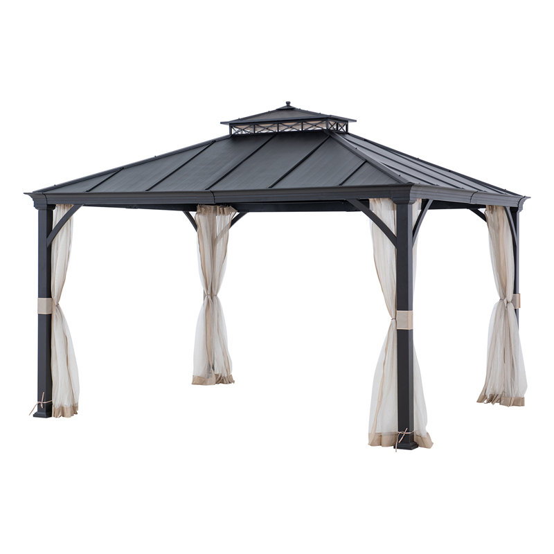 Sunjoy Black Metal 11x13 ft Hardtop Gazebo with Mesh Netting