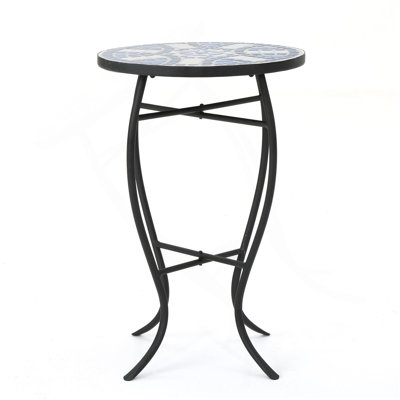 Outdoor Round Side Table With Mosaic-Style Top And Curved Iron Legs, End Table-Blue ,Wihte And Matte Black