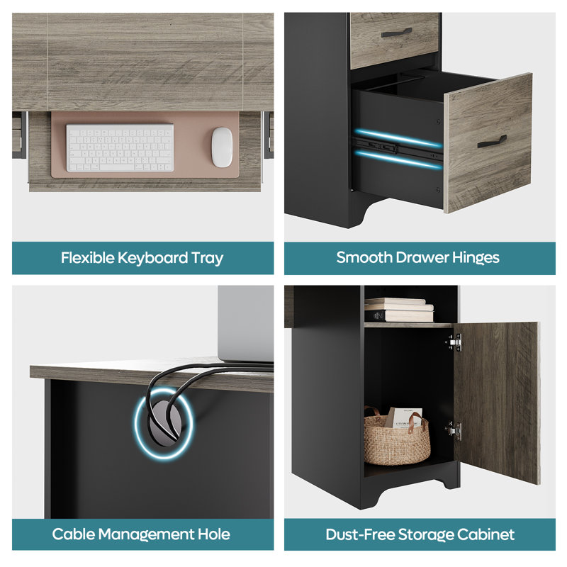 Daylie 59''  Executive Desk with File and Storage Drawers and Cabinet, Computer Writing Desk with Keyboard Tray and 2 Open Compartments for Home Office