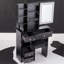 Petit meuble-lavabo de 29,2 po avec tabouret de bureau et tabouret rembourré à gauche 29,5 po, grande commande tactile, interrupteur tricolore, miroir à luminosité réglable, rangement à grande capacité, convient aux petits espaces