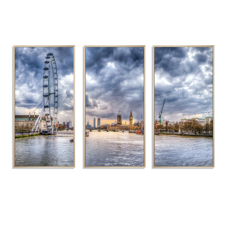 «London Skyline And River Thames - Cityscape», ensemble d'art mural sur toile encadré, H 28 po x l 36 po x P 1 po, Cadre noir