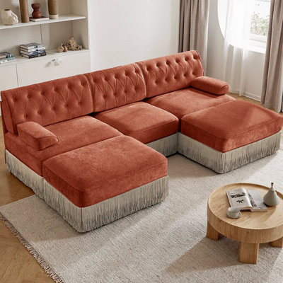 U-Shaped Modular Velvet Sectional Sofa with 2 Ottomans, Chesterfield Style 3-Seater Sofa with Button Tufting & Floor-Grazing Tassel Skirt, Breathable Fabric for Living Room, Bedroom