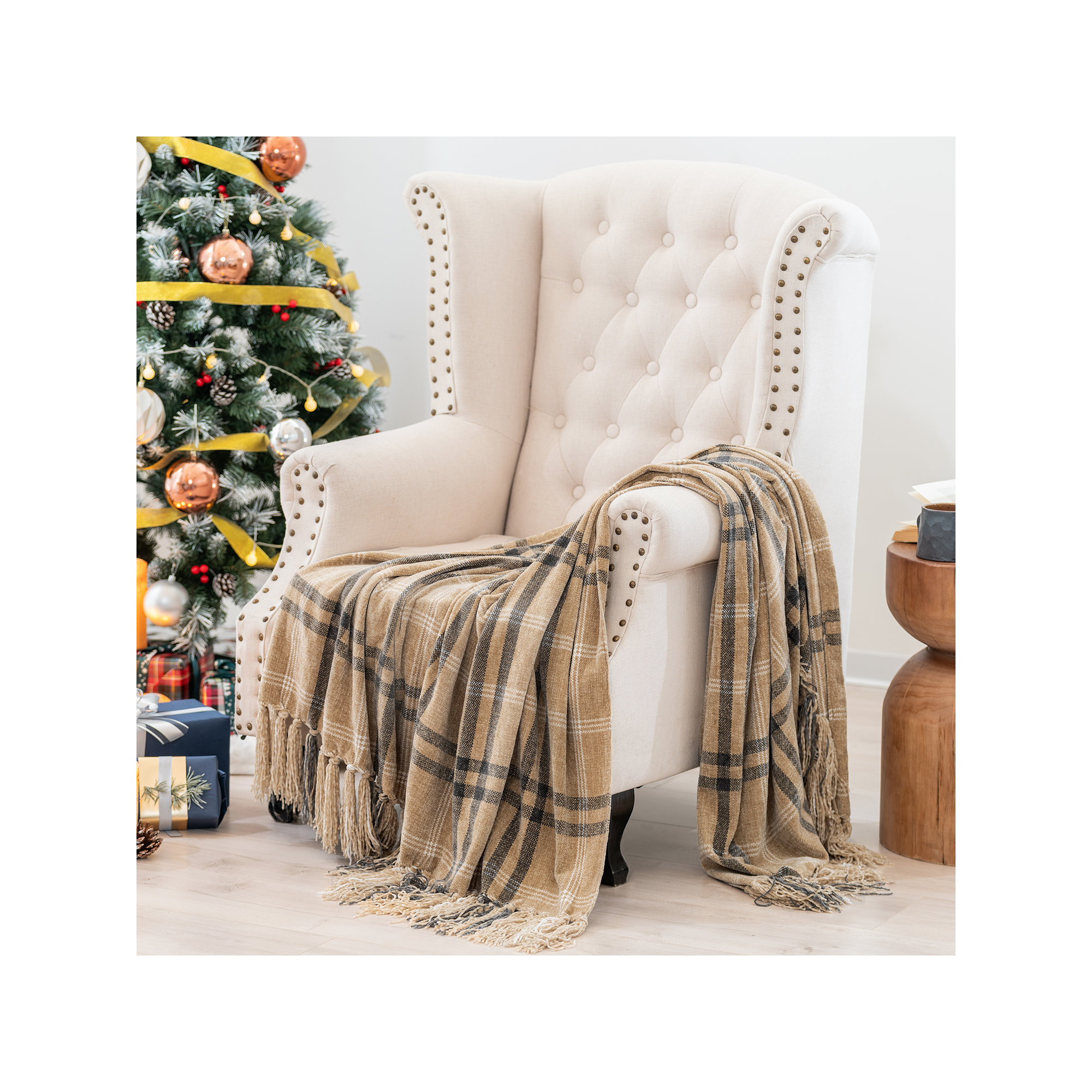 Soft Chenille Throw Blanket, Khaki/Gray Plaid, 60" L x 50" W