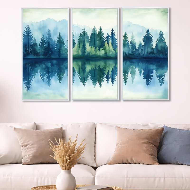 «Forest River Reflection I - Mountain», art mural 3 pièces, H 32 po x l 48 po, Cadre flottant blanc