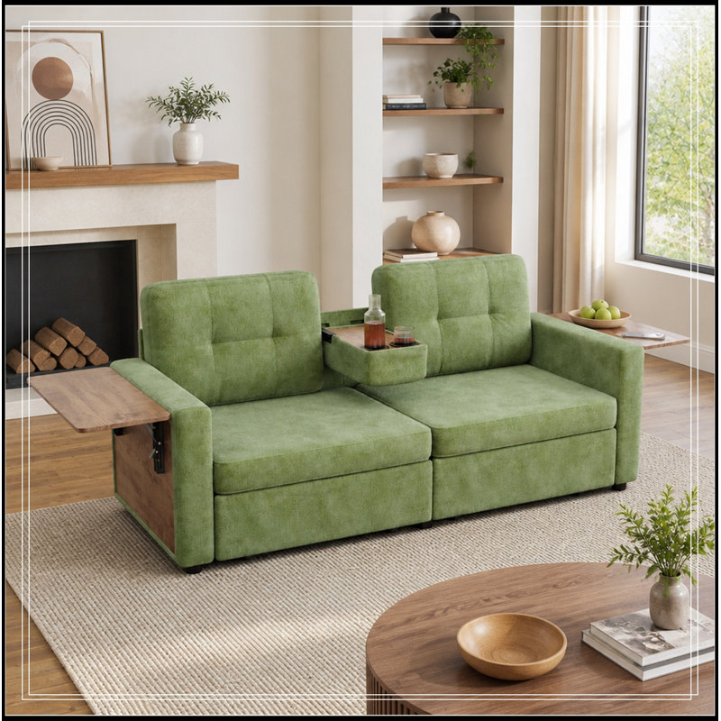 Causeuse en chenille avec tiroirs coulissants, tables d'appoint et porte-gobelet, Vert