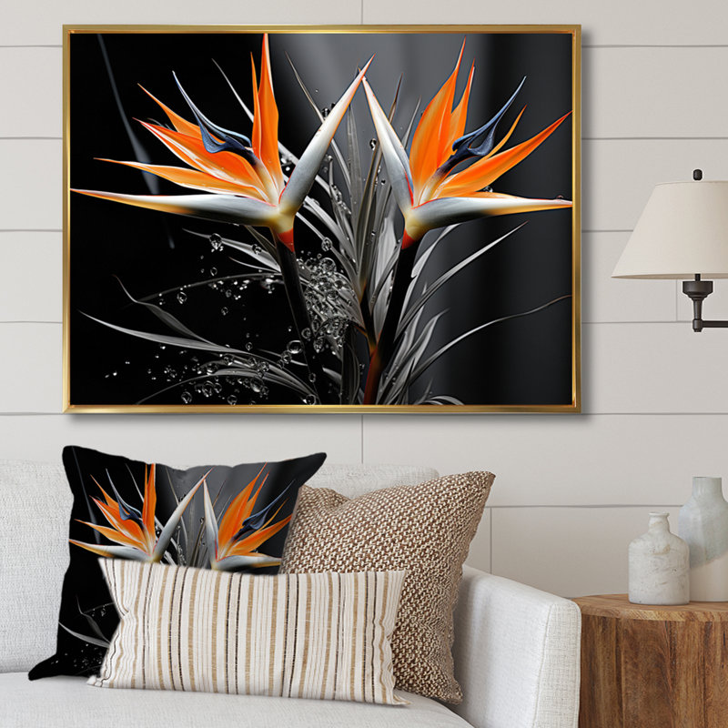 Oiseaux du paradis exotique - imprimé, H 30 po x l 40 po x P 1,5 po, Cadre flottant doré