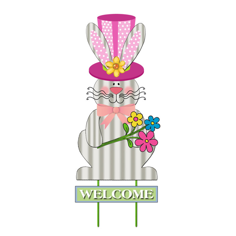 Piquet de jardin Welcome Bunny avec chapeau rose Welcome
