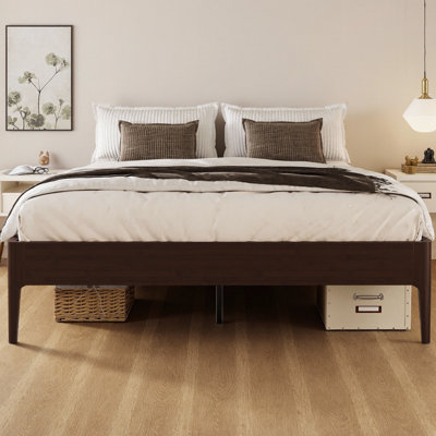 Base de lit plateforme en bambou massif de 15 pouces de hauteur avec support en métal, base en lattes de bois minimaliste moderne, aucun sommier tapissier requis, sans bruit, assemblage facile