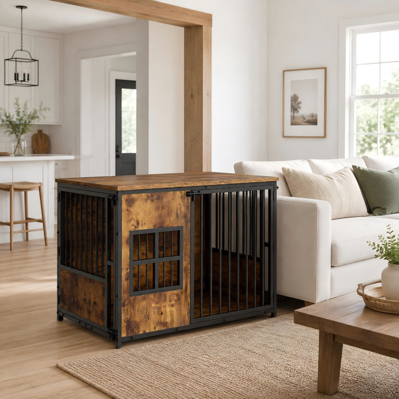 Grand meuble en bois pour cage de chien avec loquets de sécurité et plateau spacieux