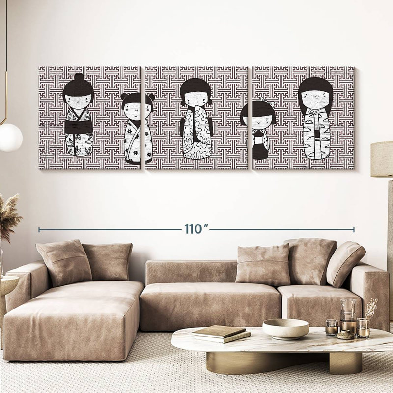 «Japanese Kokeshi Dolls III», ensemble de 3 impressions sur toile par ZenInkDesigns, H 36 po x l 110 po x P 1,25 po