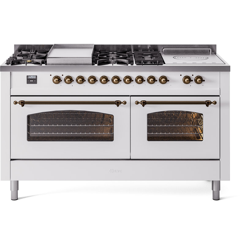 ILVE Nostalgie II Series 60 inch Dual Fuel Range with 5 Sealed Burners, Griddle, Frenchtop (Glass Door), Liquid Propane