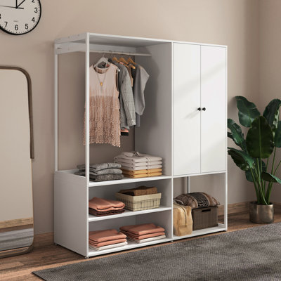 Garde-robe, armoire blanche avec tablettes, armoire haute avec 2 portes, quelques tablettes de rangement, grand rangement pour vêtements avec tringle à vêtements pour chambre à coucher, salon / salle de lavage
