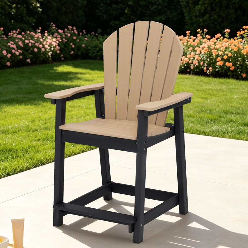 Outdoor HDPE Adirondack Chair, Patio Bar Stool, Black/Brown