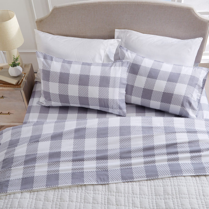Alpine Flannel Sheet Set, Queen Sheet Set with 2 Pillowcases, Buffalo Check Grey