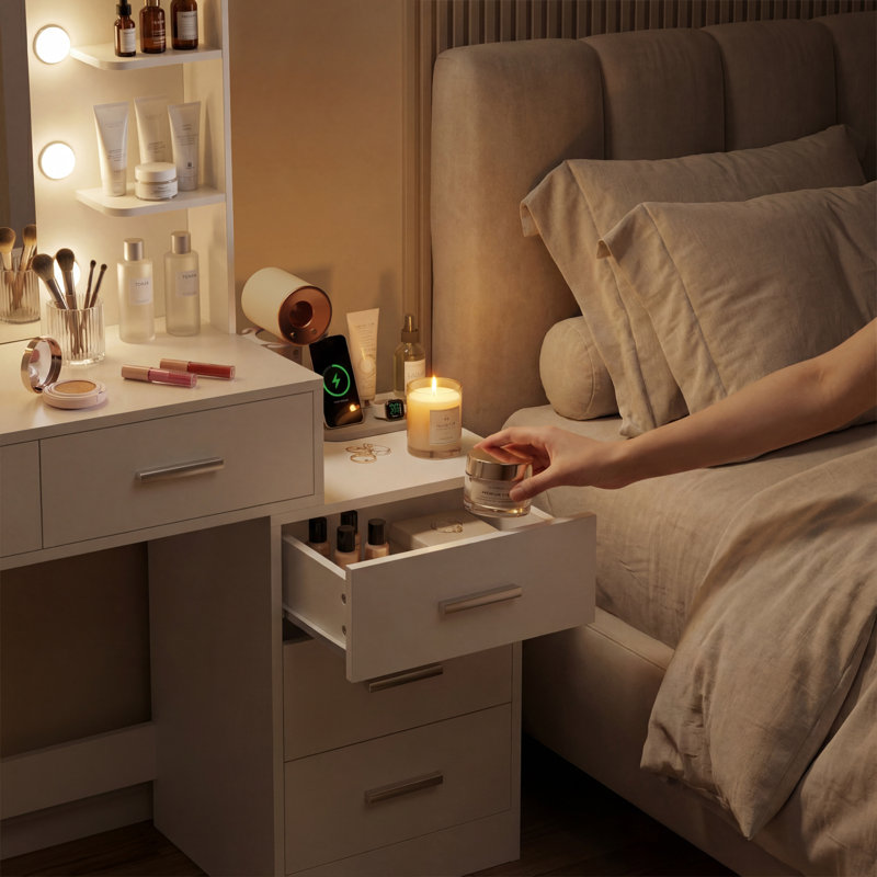 Vanity Table With 3-color Adjustable Lighting, Attached Nightstand, Multi Power Outlets & Large Storage, 3 Colors Available