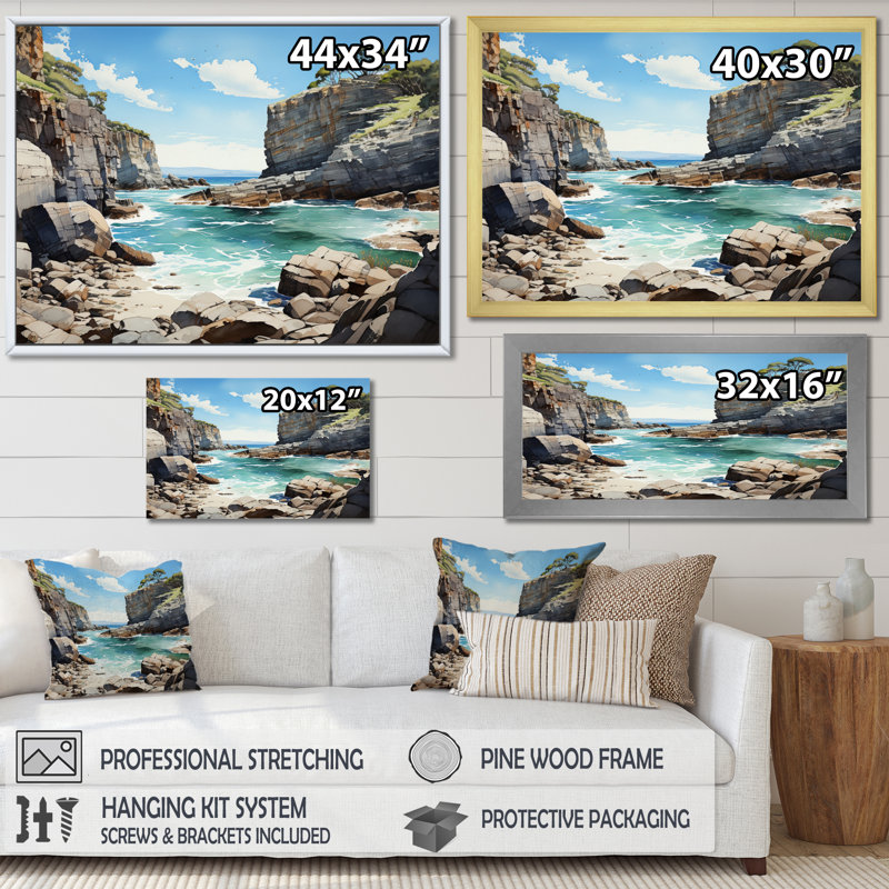 Beti Rocky Beach, majestueuses falaises II sur toile, H 34 po x l 44 po x P 1,5 po, Cadre flottant blanc