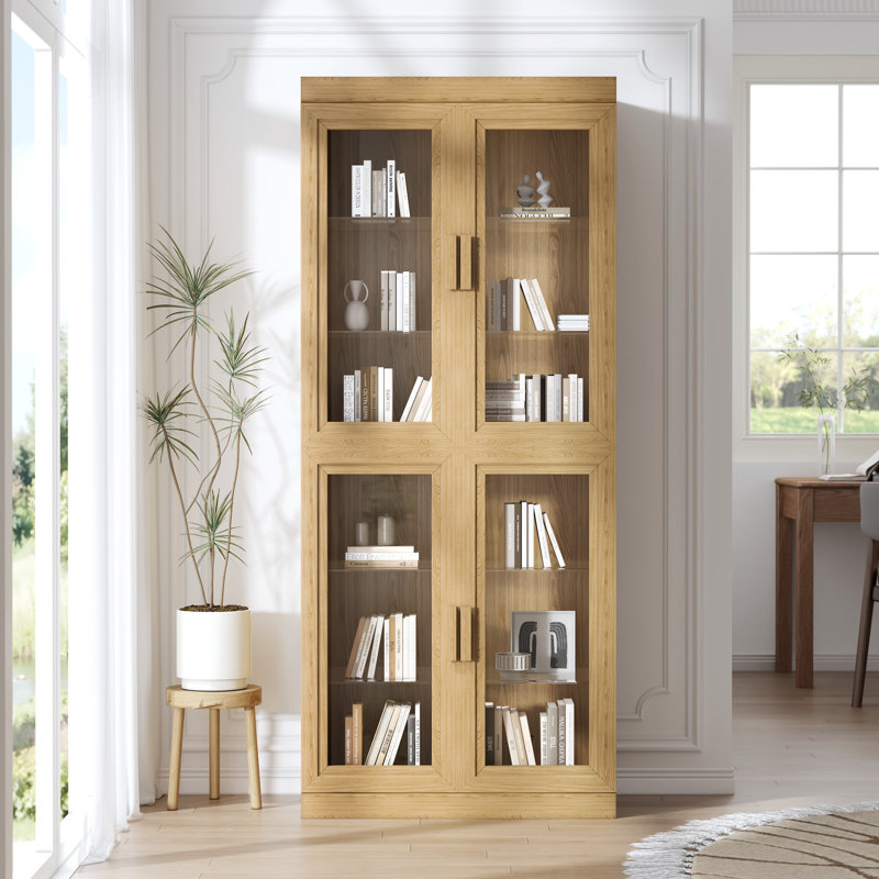 72" Wood China Cabinet Display Cabinet with Glass Doors, Natural Wood