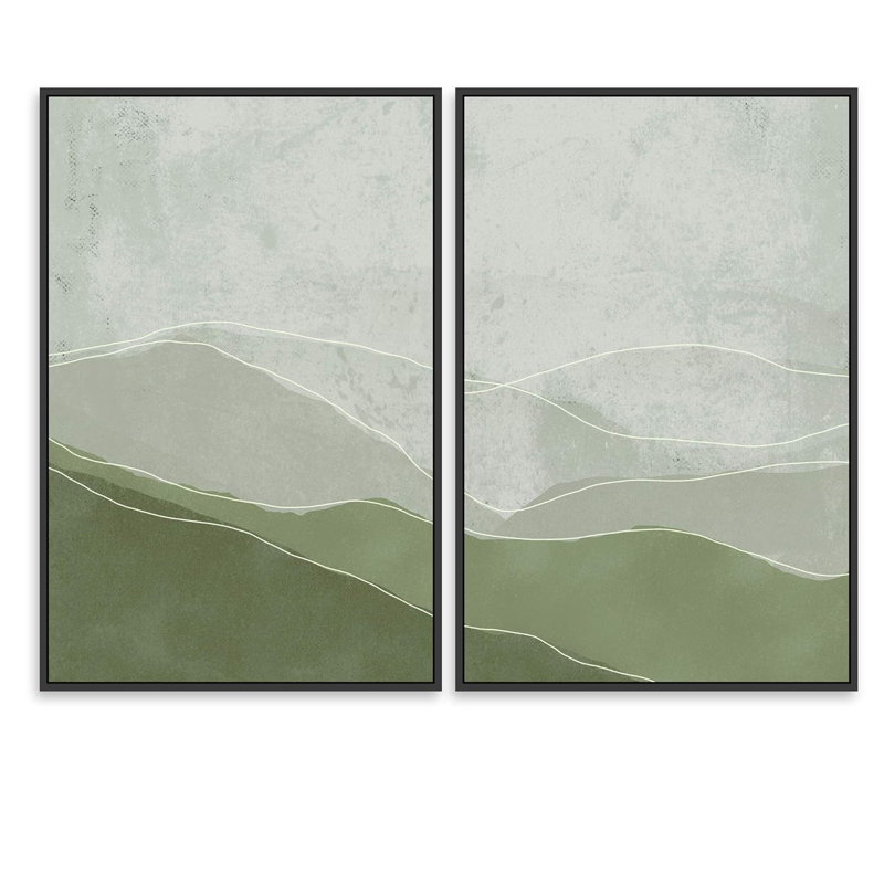 «Faded Green & Gray Wave Landscape Abstract Shapes Abstract Wall Art Modern Boho Multicolor Bedroom» 2 - pièces sur, Noir