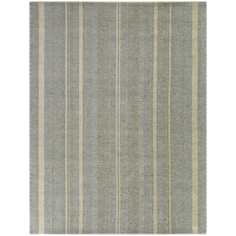 Tapis bleu rectangulaire à rayures recyclées tissé à la machine Hildegret, Rectangle 5 pi 3 po x 7 pi