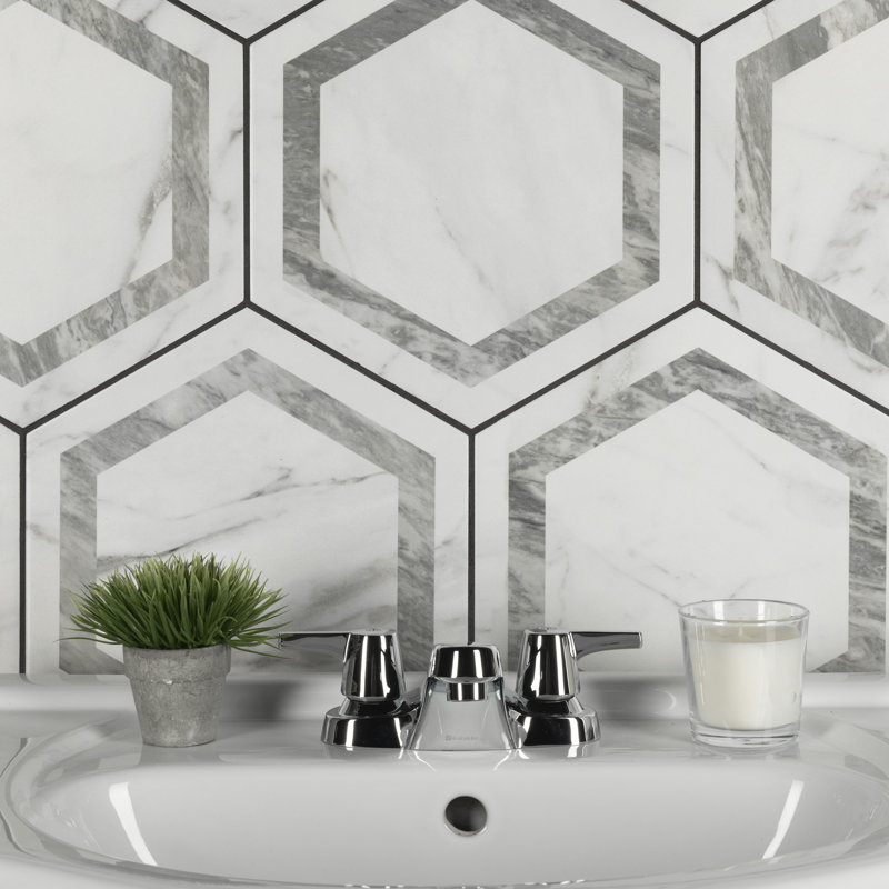 BioTech 11" x 13" Porcelain Marble Look Wall & Floor Tile, Gray/White