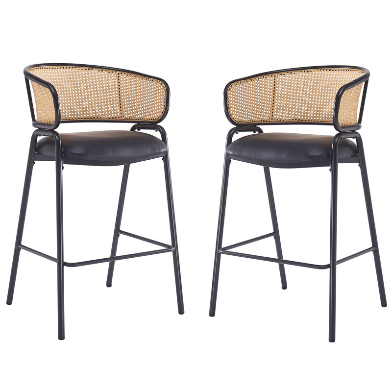 Tabouret de bar d'intérieur revêtu de métal, siège en similicuir avec dossier en rotin Wowen, ensemble de 2