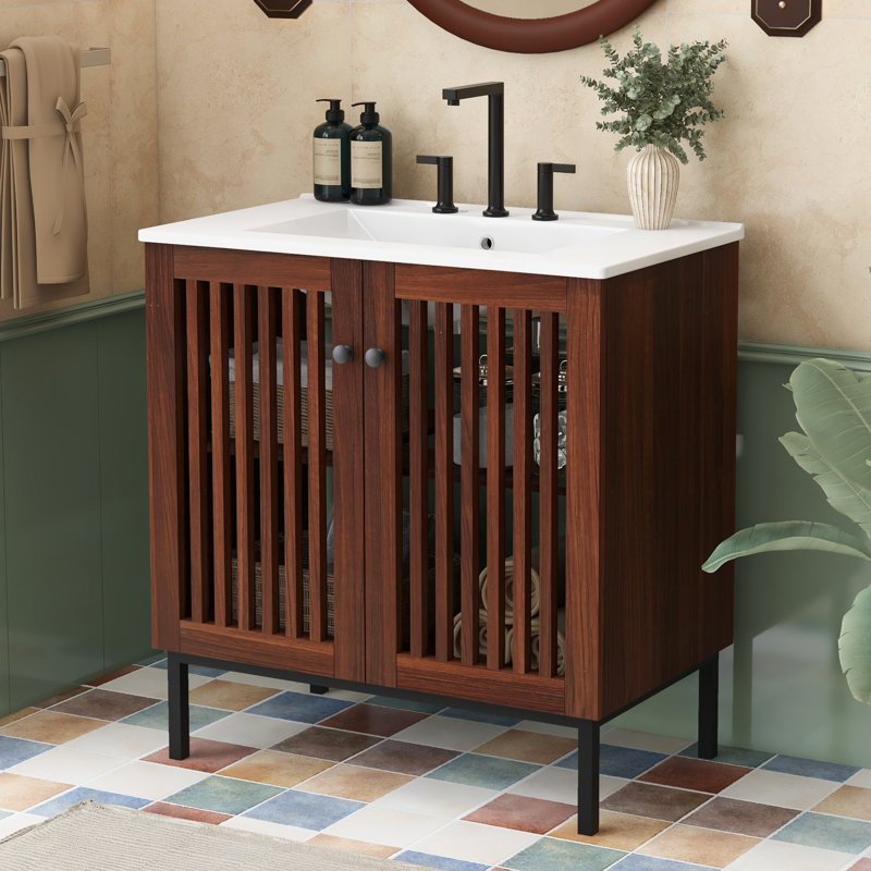 Meuble-lavabo antique de 30 po avec lavabo en céramique, portes de style rustique et pieds en fer au fini brun foncé