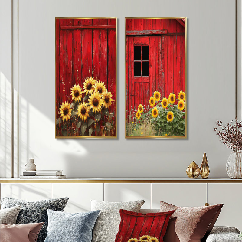 Tournesols et la grange rouge I - art mural floral, collection 2 panneaux, H 40 po x l 41 po, Cadre flottant doré