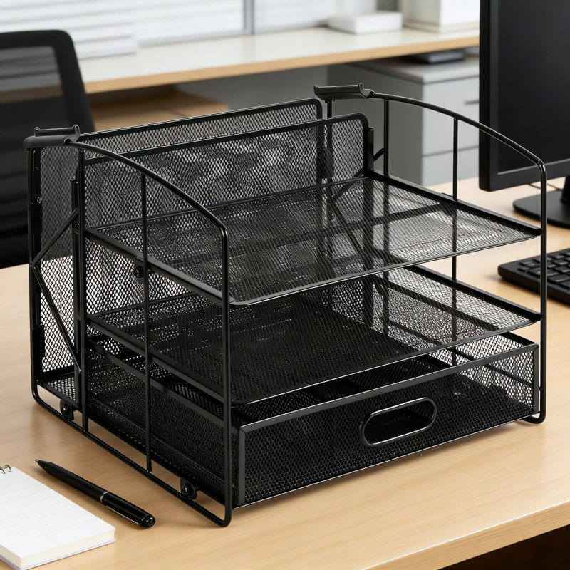 Organisateur de bureau Basics avec 3 plateaux de rangement, tiroir coulissant et support à dossiers suspendu pour le bureau et la maison