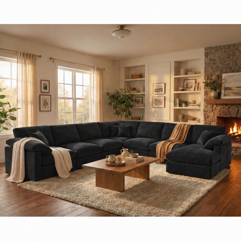 8 piece 145" Extra Deep Sectional Sofa Modern L-Shaped Modular Sectional Chenille Sofa with Ottoman, Pillow-Top Arms, and Plush Fabric Upholstery