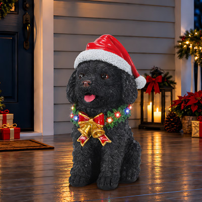 Black Teddy Poodle Christmas Statue with Lighted Wreath and Bow