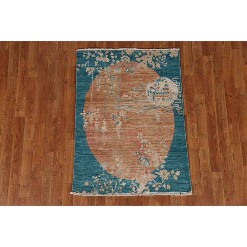 Tapis orange en laine noué à la main de conception unique 2 pi 11 po x 4 pi 0 po New Age