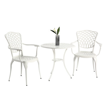 Ensemble bistro de patio extérieur toutes saisons 3 pièces - table et chaises en aluminium coulé blanc, antirouille, antirouille et antirouille